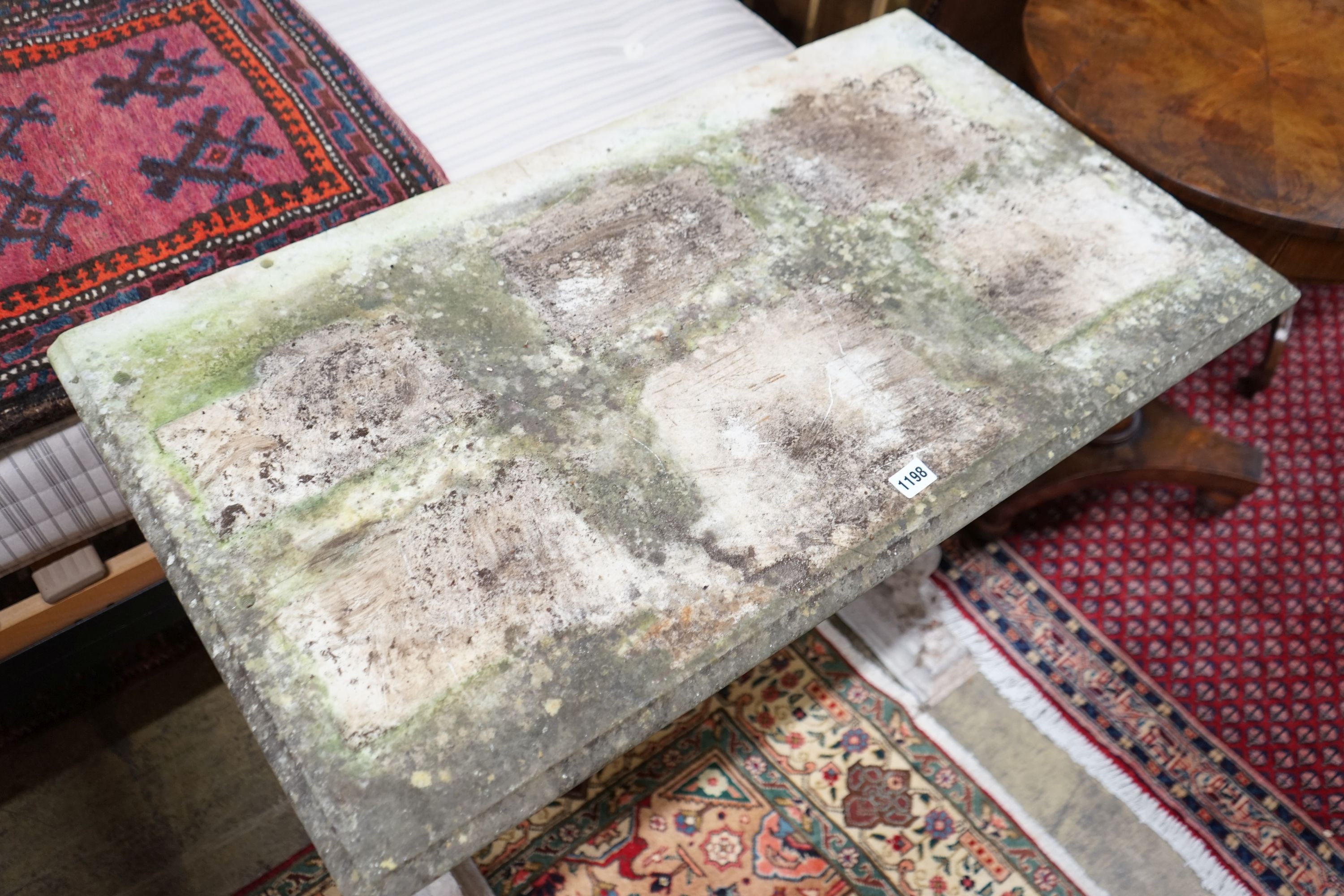 A Victorian cast iron rectangular marble topped garden table, width 91cm, depth 50cm, height 74cm